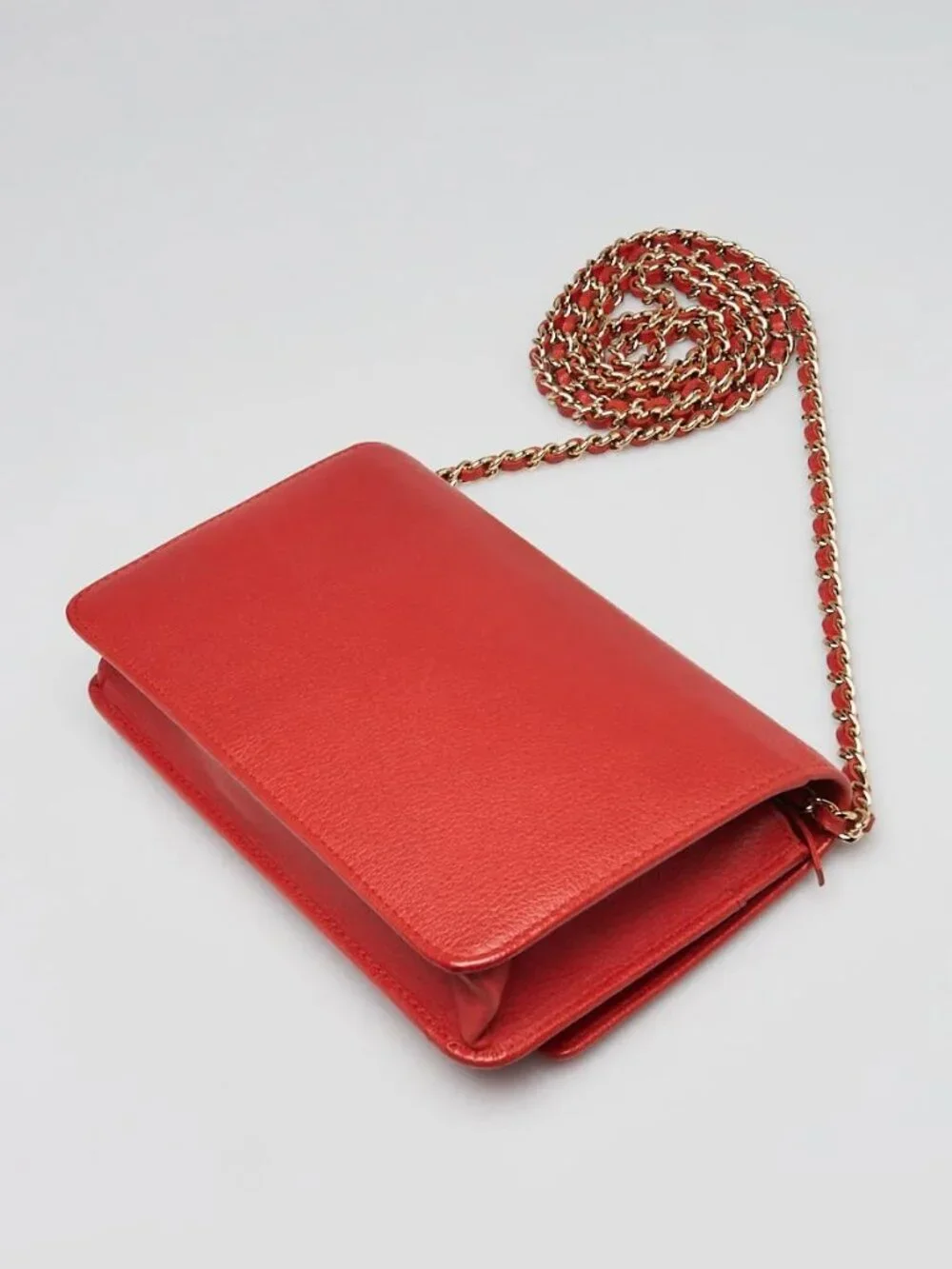 Chanel Red Grained Leather Camellia Embossed WOC Clutch Bag